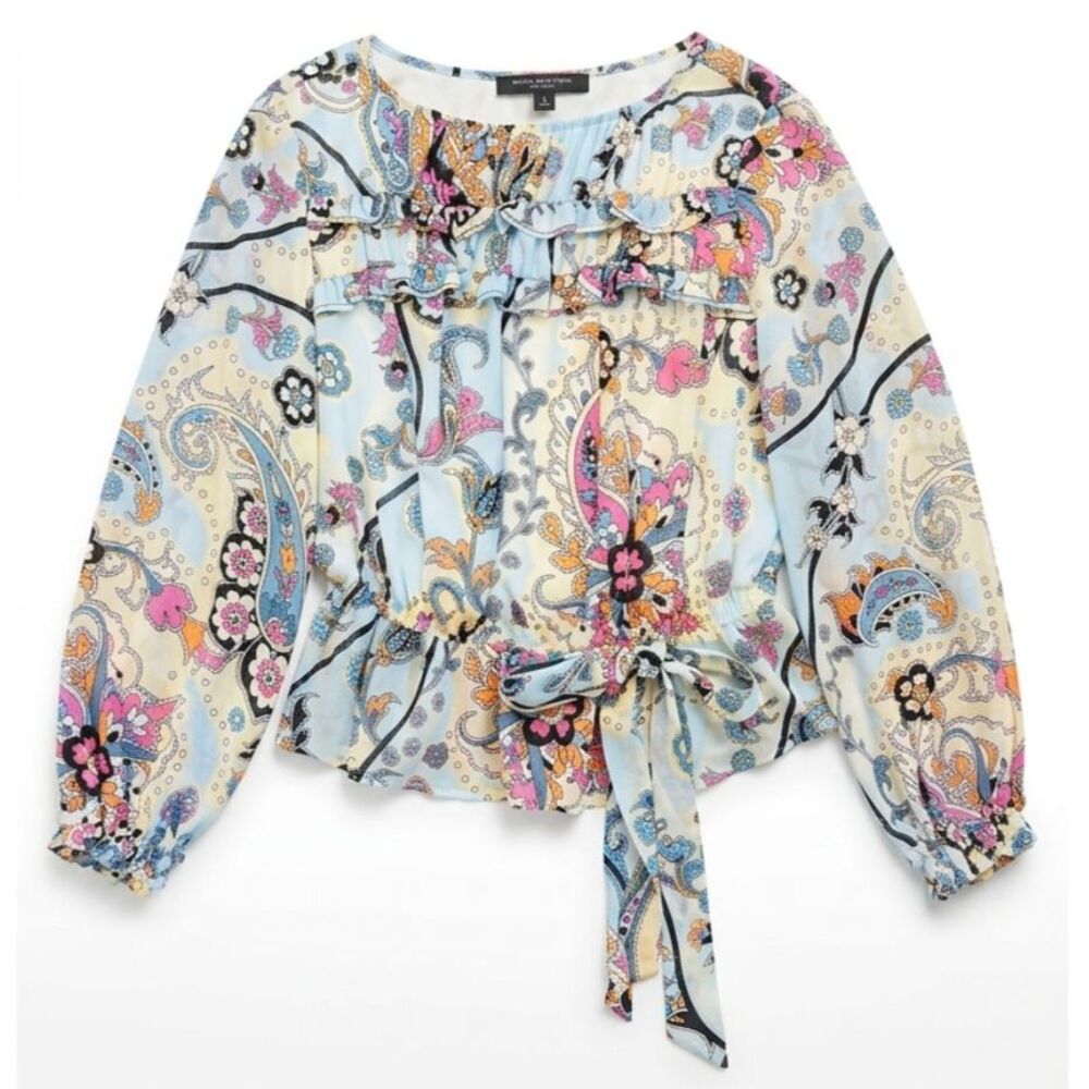 Marc New York Paisley Ruffle Peplum Blouse Size S Sheer Sleeves